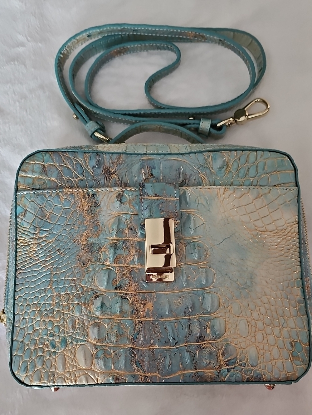 Brahmin Turquoise and Gold Croc-Embossed Crossbody Bag